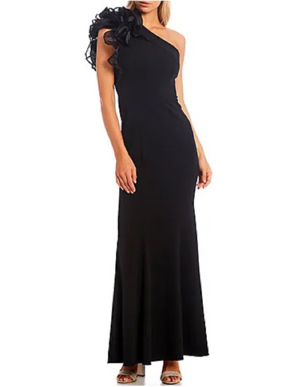 Aidan Mattox Black One Shoulder Gown Ruffle Organza Floral Formal Dress 8